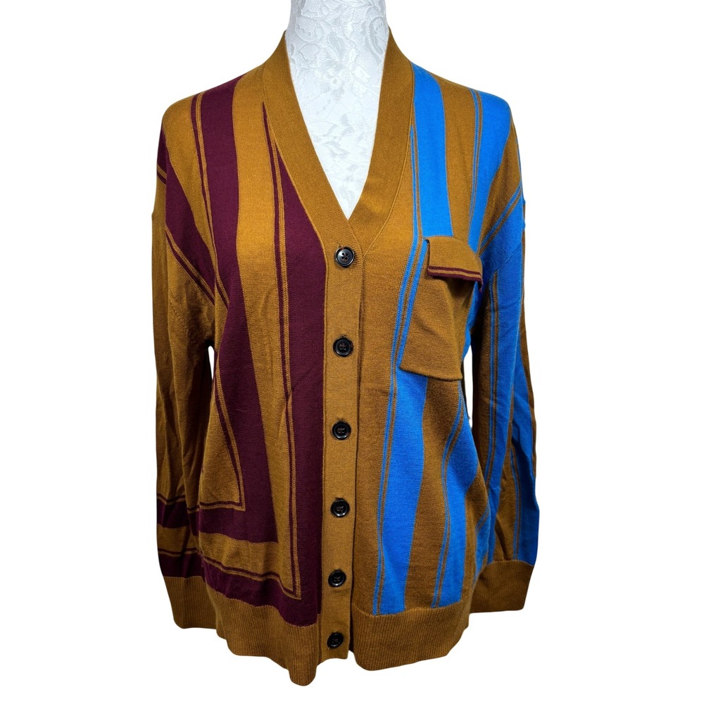 Naked Cashmere Art Department Wool Knit Vneck Striped Cardigan Sweater Women S/M